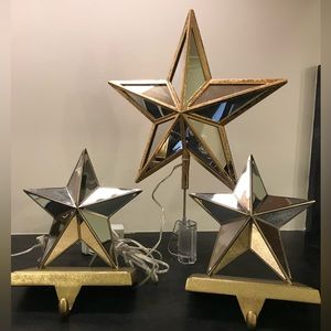 Mercury glass star stocking holders and tree topper set